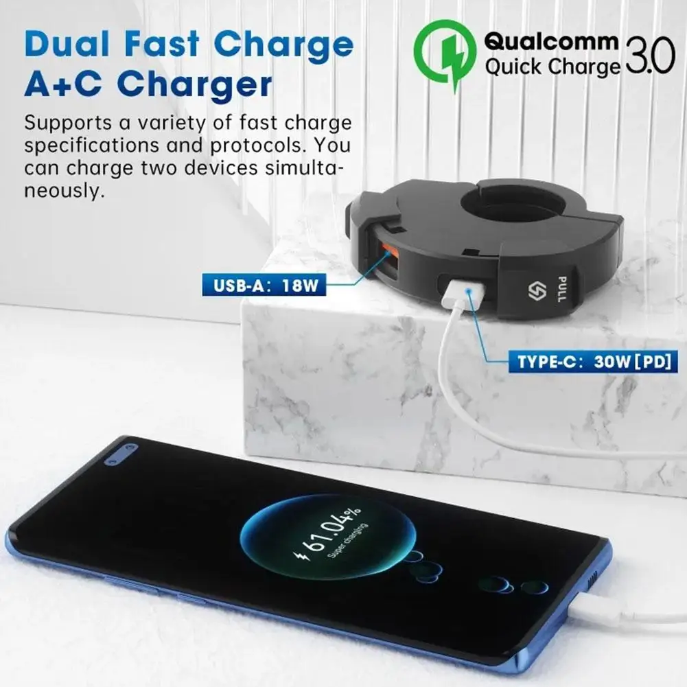 Chargeur rapide USB QC3.0 pour moto, prise de port de type C, guidon étanche, montage rapide, chargeur de téléphone pour vélo, moto V8M6, 30W