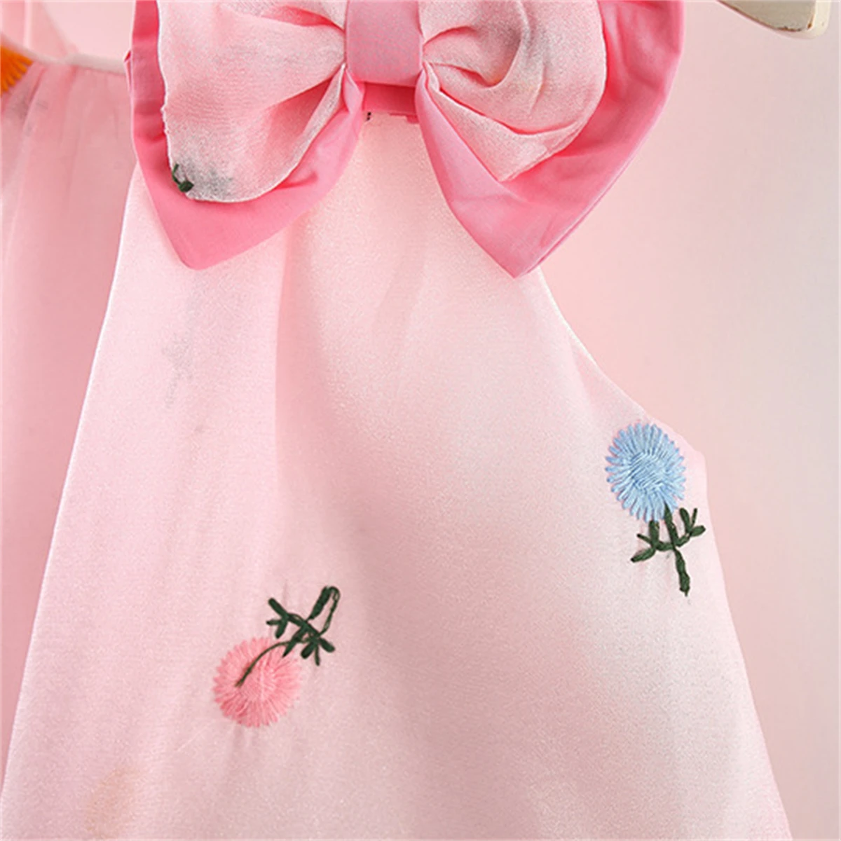 Summer girl\'s dress baby girl double bow suspender flower embroidered mesh fluffy dress children\'s dress