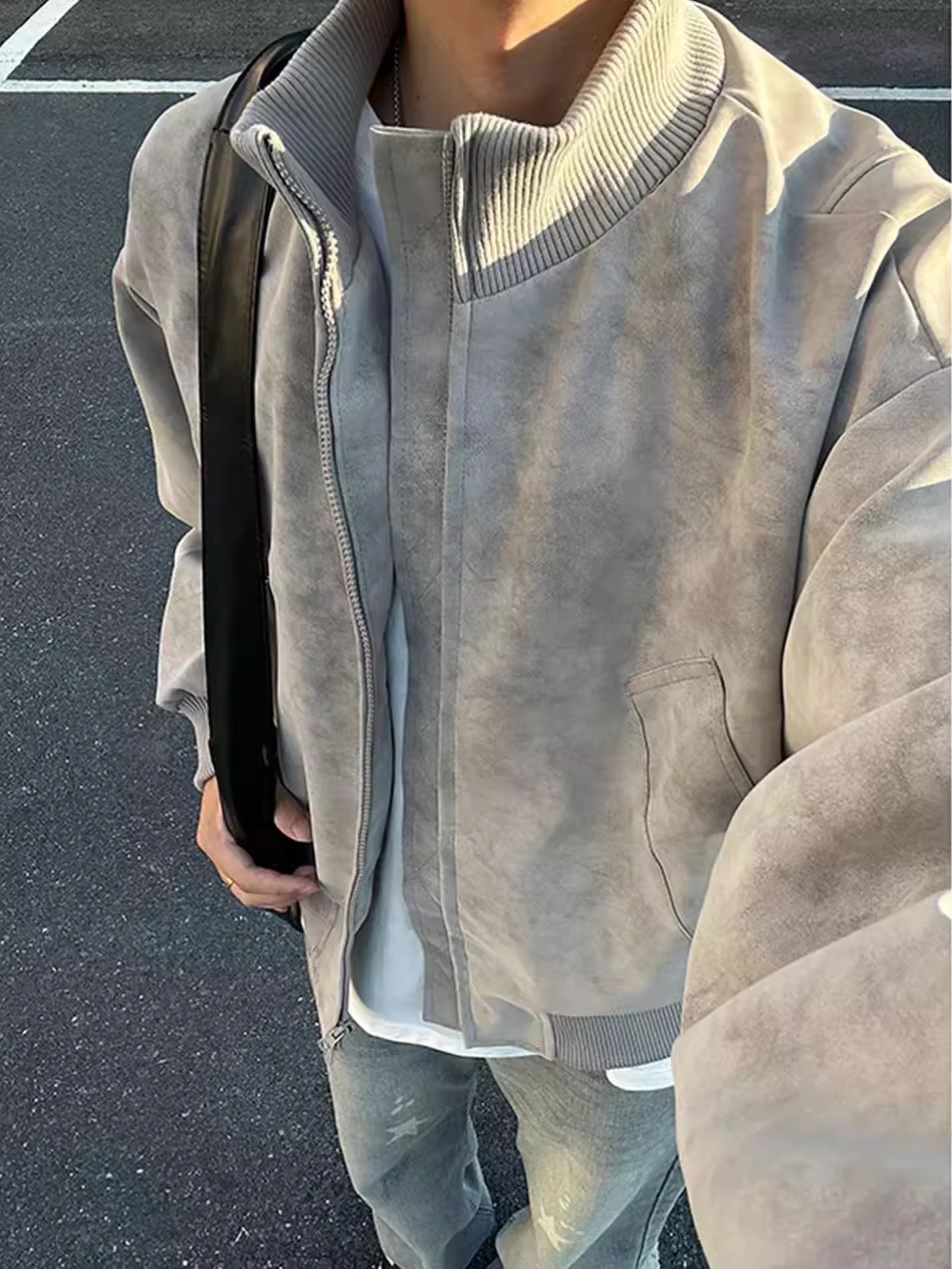 

American Sle Fuzzy Dyed PU Leather Jaet Cotton Coat for Men Winter Warm Stand Collar Anti-Cold Motorcycle Clothes