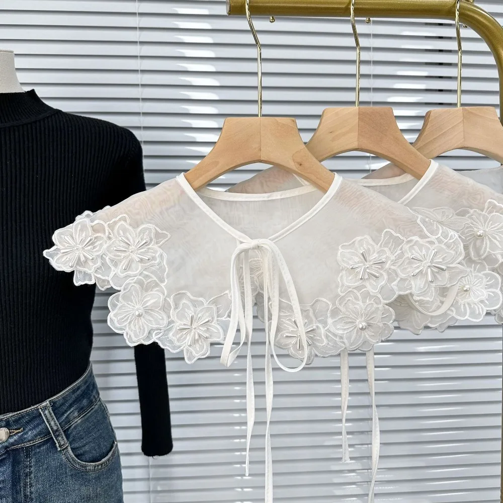 

Clothing Accessories Women's Lace Collar Organza Embroidery Fake Collar Detachable Shirt White Lace Up Shawl Dress Blouse Decor