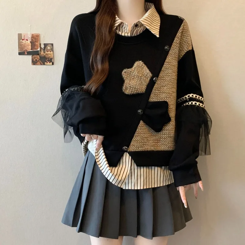A Plus-size Chubby Girl's Autumn Winter New Fashion School Style Fake Two Sweatshirts Fashionable and Stylish Slimming Top Women