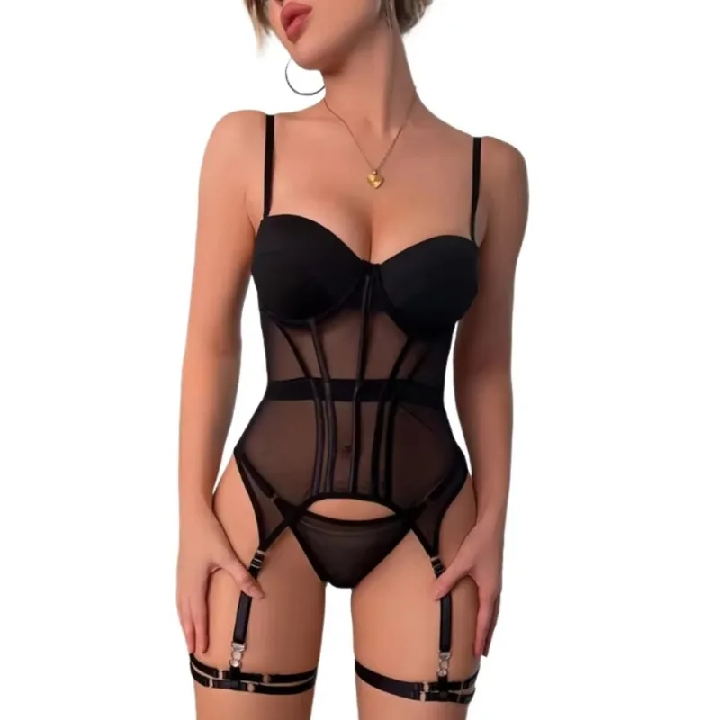 Mesh  Lingerie Luxury Brand Bodysuit Backless Tops for Women 3 Piece Lingerie Set with Garter Sexydresses for Women
