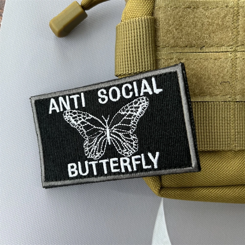 ANTI SOCIAL BUTTERFLY Embroidery Patches Tactical Morale Emblem Outdoor Backpack Hook and Loop Sticker