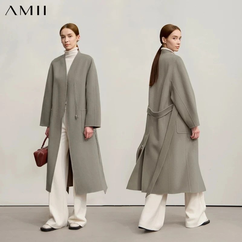 AMII 100% Wool Women's Jacket Coat 2026 Winter New Long Zipper Woolen Coat Woman With Belt Double-sided Tweed Jacket 12544007