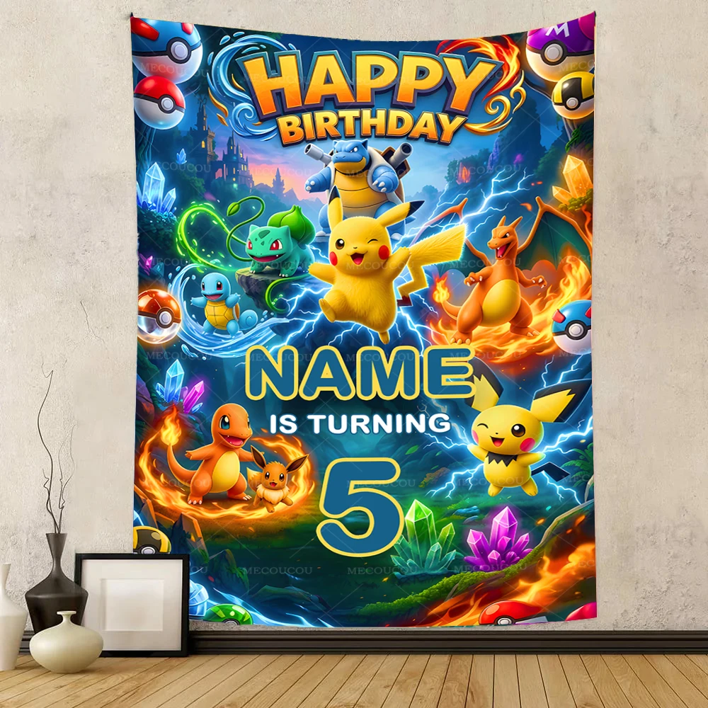 Pokémon Pikachu Background Children Boy Birthday Party Baby Shower Polyester Customization name Decoration Photography Props