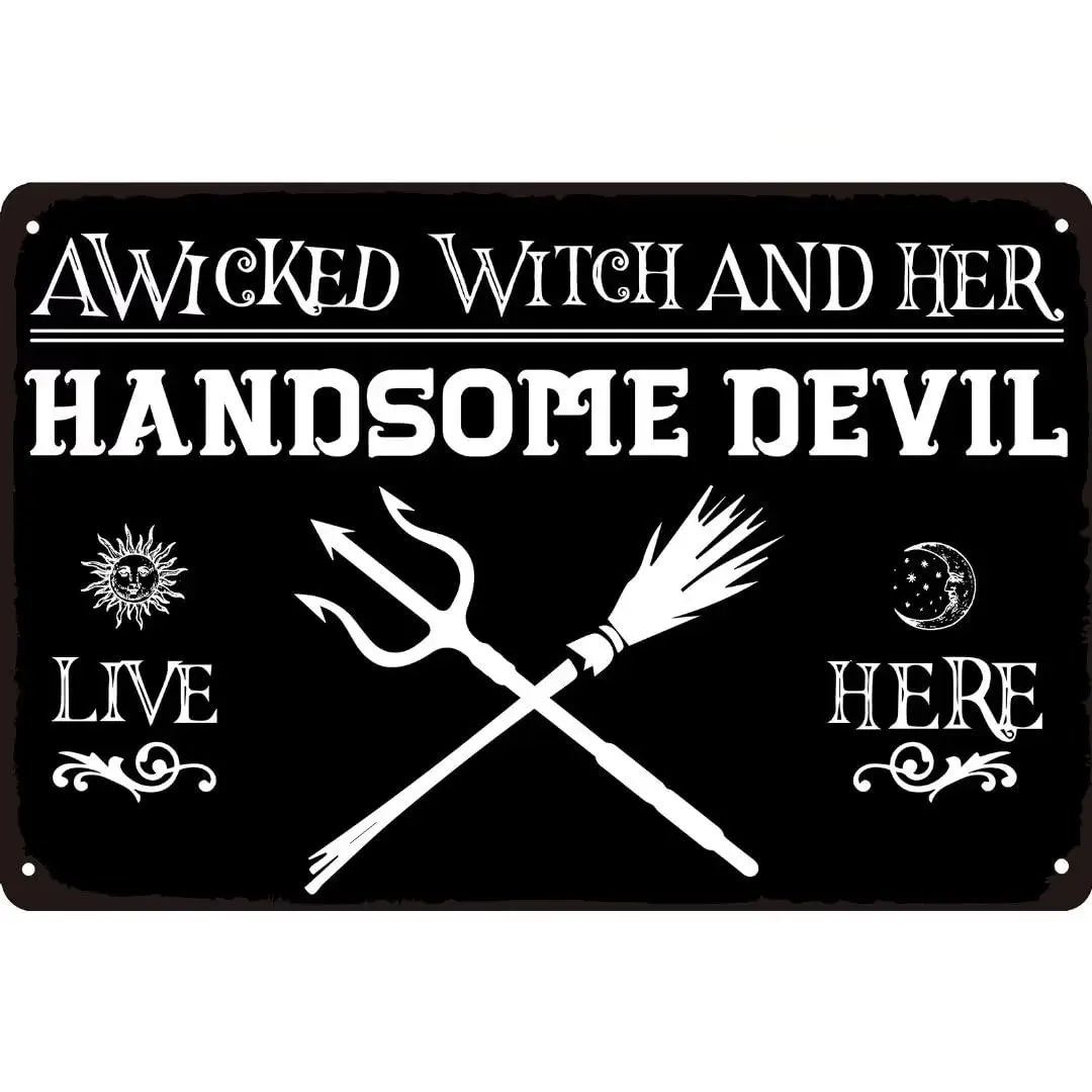 Vintage Metal Tin Sign A Wicked Witch and Her Handsome Devil Halloween Gothic Home Decoration for Man Cave Halloween Party Indoo