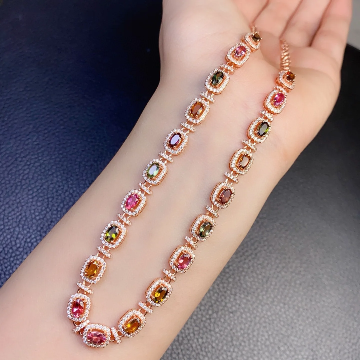 

Natural Multi-color Tourmaline Tennis Necklace 3x5mm 925 Silver Two-tone Plated Clean Crystal Halo Pave Fine Jewelry for Women