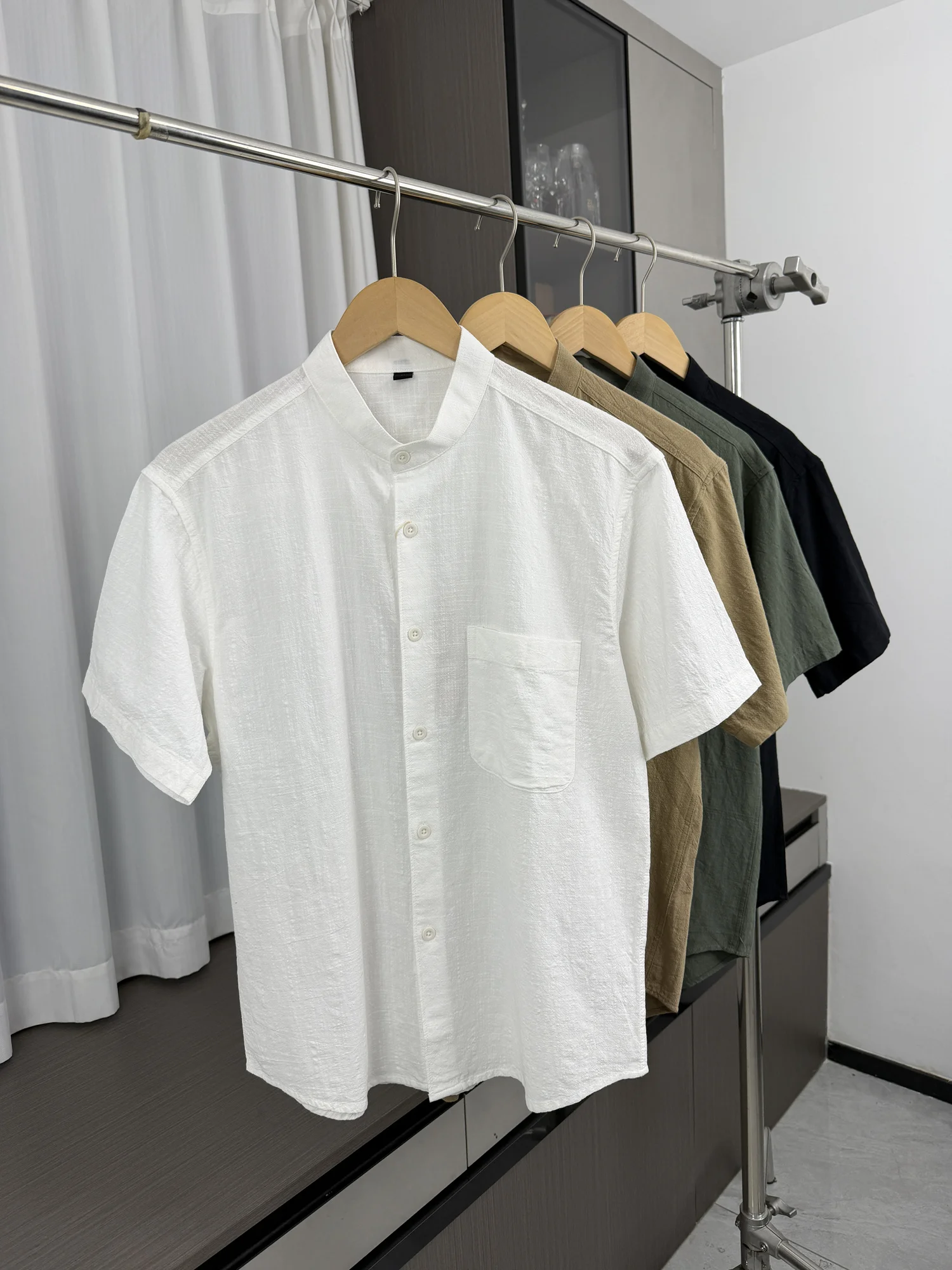Retro Feel Washed Cotton Men's Summer Casual Loose Fit Stand Collar Short Sleeve Shirt Comfortable Breathable Urban Style