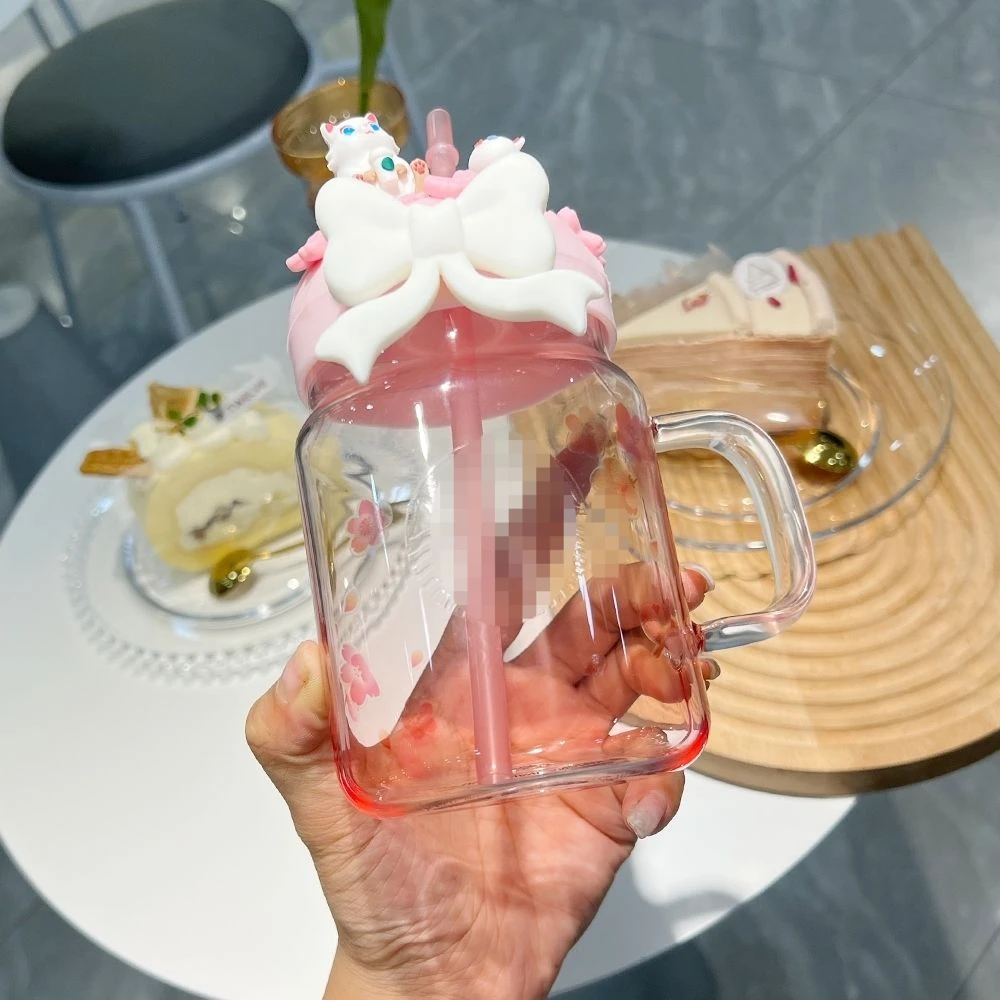 Cherry Pink Mason Glass Girl Straw Cup Bowknot Cat Petal Cute Fox Girl Water Straw Cup Mug Double Wall Glass