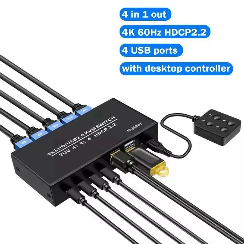 4k 60hz kvm 4x1 switch hdmi-compatível com switcher usb hdcp2.2 seletor 4 em 1 saída para 4 pc compartilhar monitor mouse teclado 4 portas