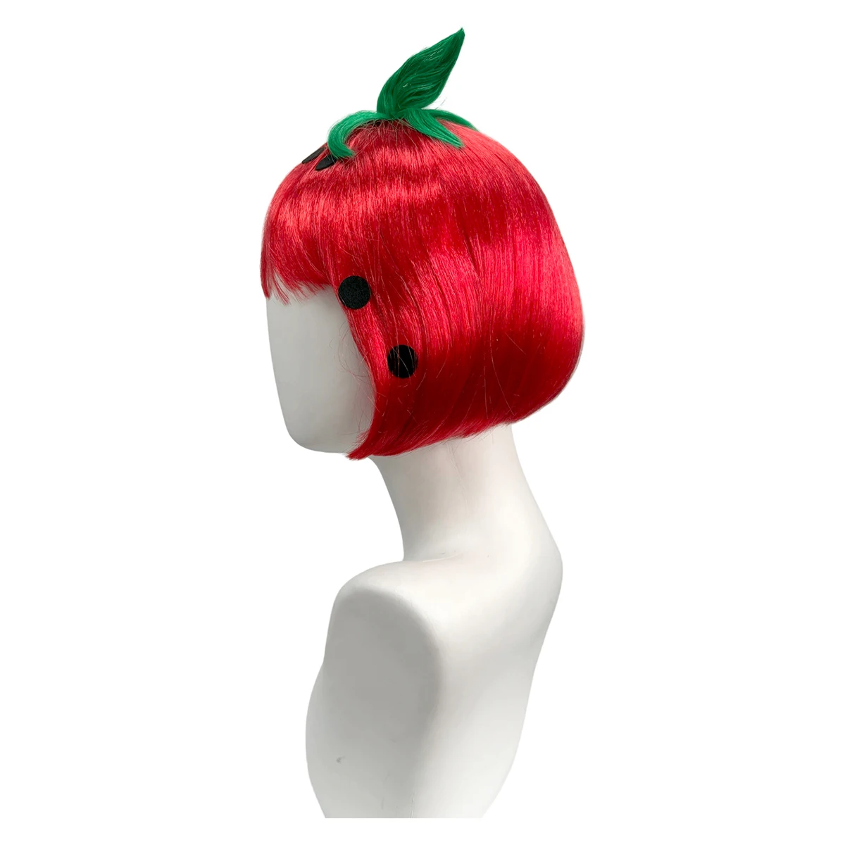 Red Strawberry Shaped Short Bob Synthetic Wig Bangs Green Leaf Decoration Unisex Funny Halloween Party Cosplay Costume Hairpiece