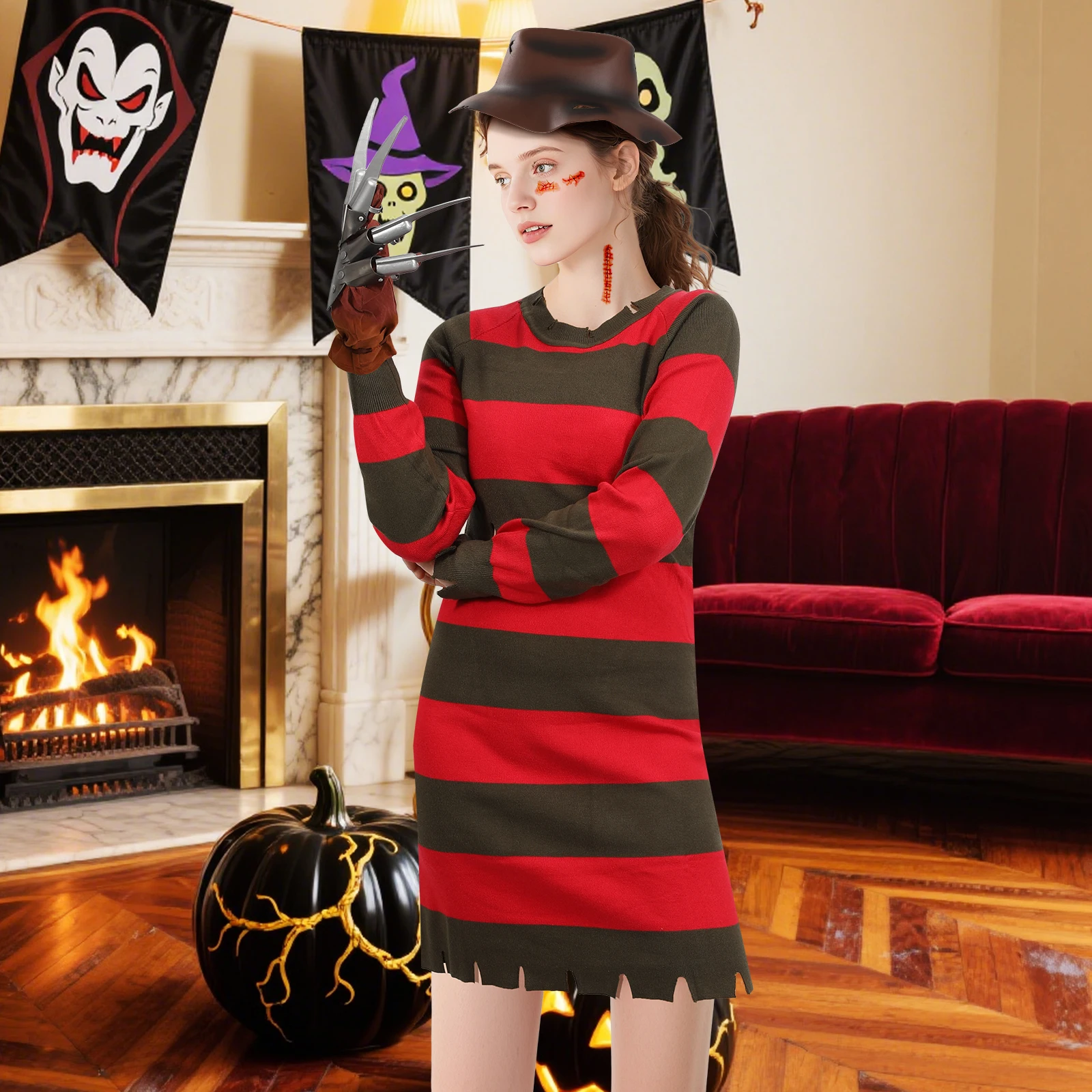 4Pcs Freddy Krueger Costume Women Halloween Nightmare Killer Knitted Dress Hat Gloves Scar Stickers Carnival Costume - Image 3