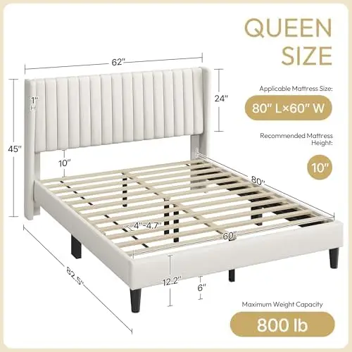 Queen Bed Frame with Headboard,Ivory Channel-Tufted Platform | Sturdy wood frame with upholstered linen blend fabric