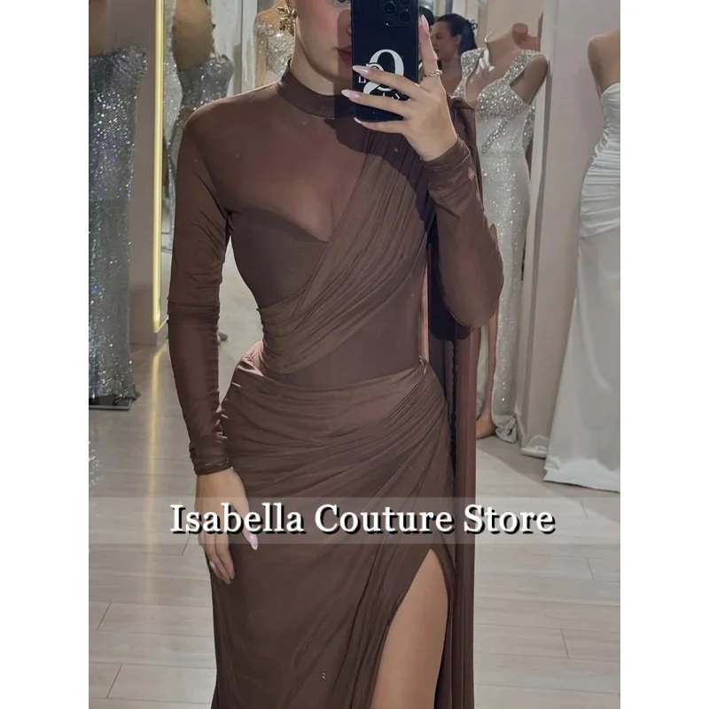 브라운 쉬폰 이브닝 드레스 하이 넥 풀 슬리브 인어 댄스 파티 드레스 섹시한 사이드 슬릿 아라비아 파티 드레스 맞춤형