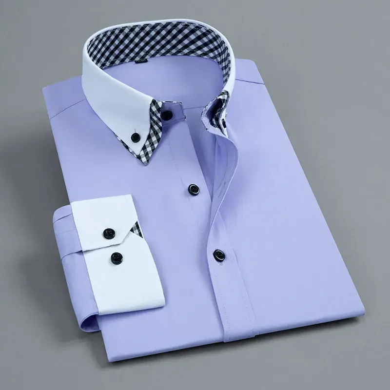 Camisa de vestir de alta calidad para hombre, Camisa de doble capa a la moda, de manga larga, Formal, de negocios, de ajuste Regular, para oficina,