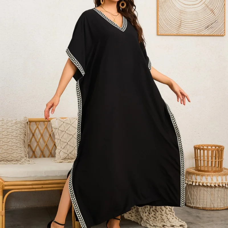 

Sexy V Neck Lace Beach Cover Up Tunic Dress Plus Size Batwing Sleeve Loose Sun Protection Swimwear Holiday