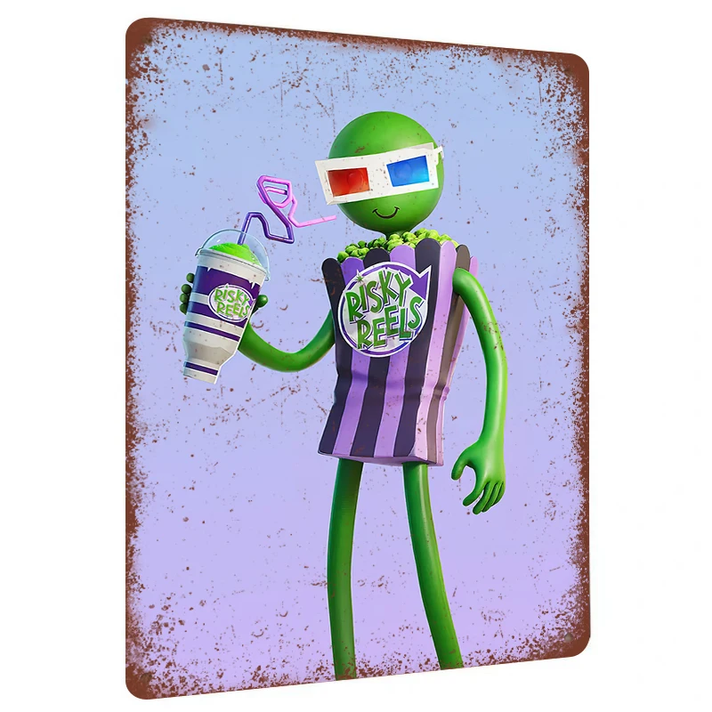 Risky Reels Themed Metal Wall Art Green Character Glasses Popcorn Drink Decorative Painting