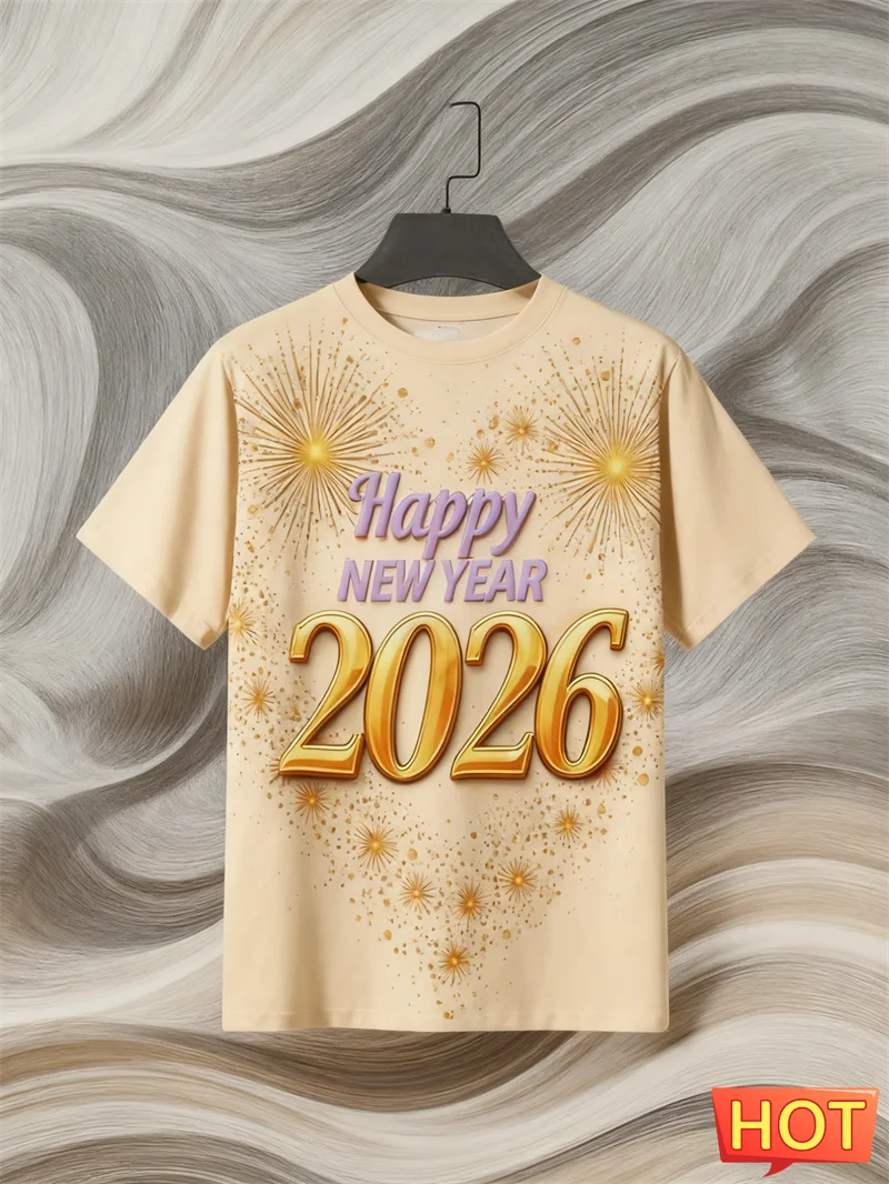 2026 سنة جديدة سعيدة خطابات تي شيرت الموضة العصرية الرجال النساء الألعاب النارية نجوم ثلاثية الأبعاد مطبوعة تي شيرت فضفاض الشارع الشهير طاقم الرقبة تيز #4