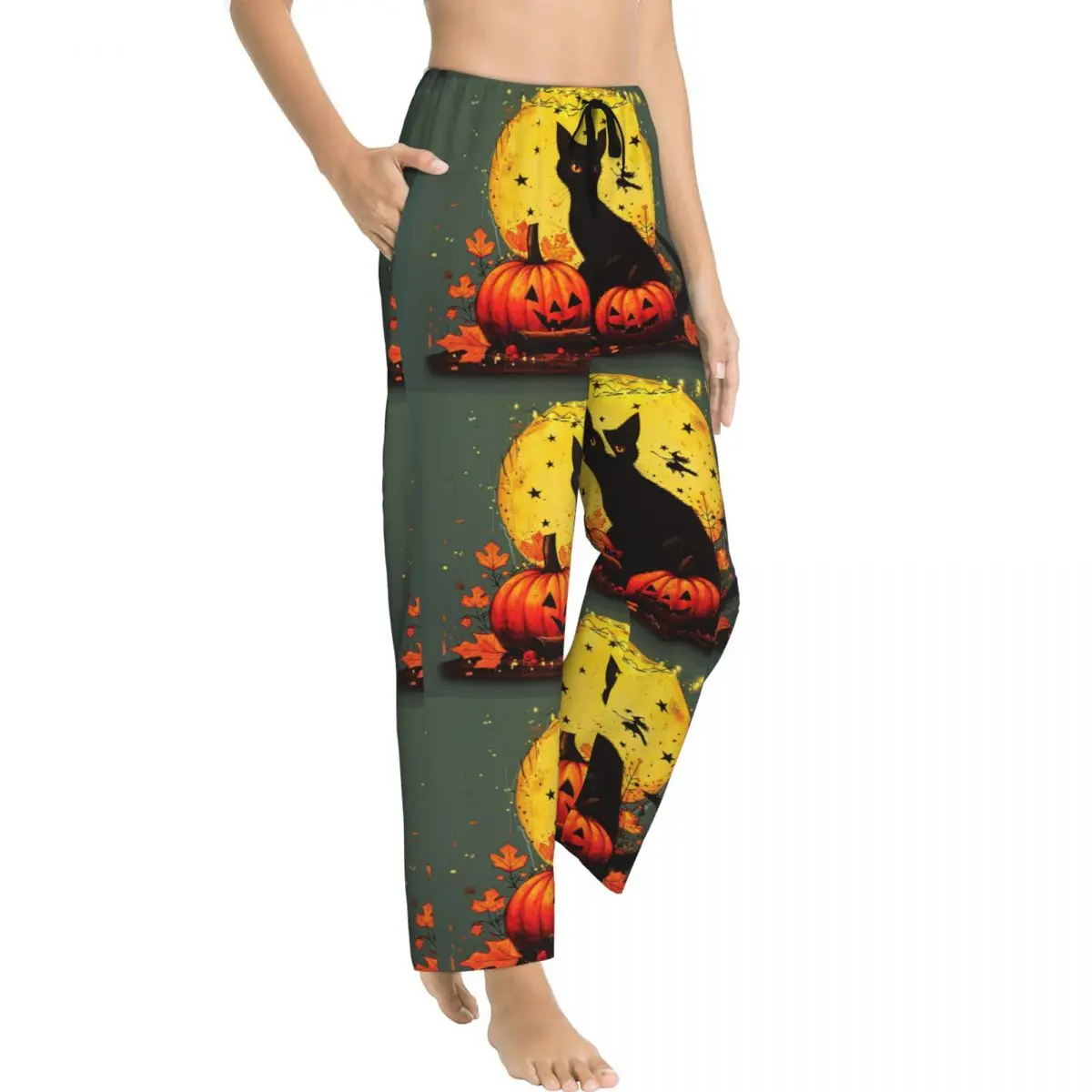 Ladies Pajama Pants Halloween Black Cats Loungewear pants Comfy Witchy Kitty Sleep Bottoms Home