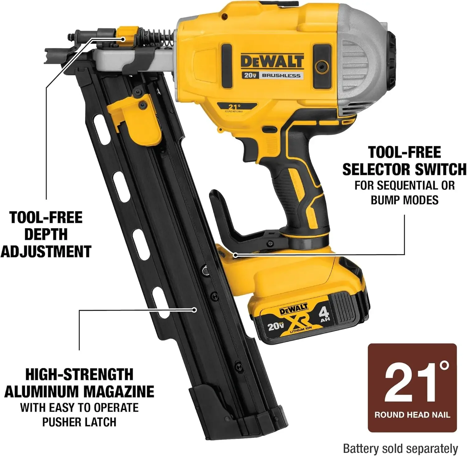 DEWALT 20V MAX * Pregador de enquadramento, 21 graus, colado de plástico, somente ferramenta (DCN21PLB)