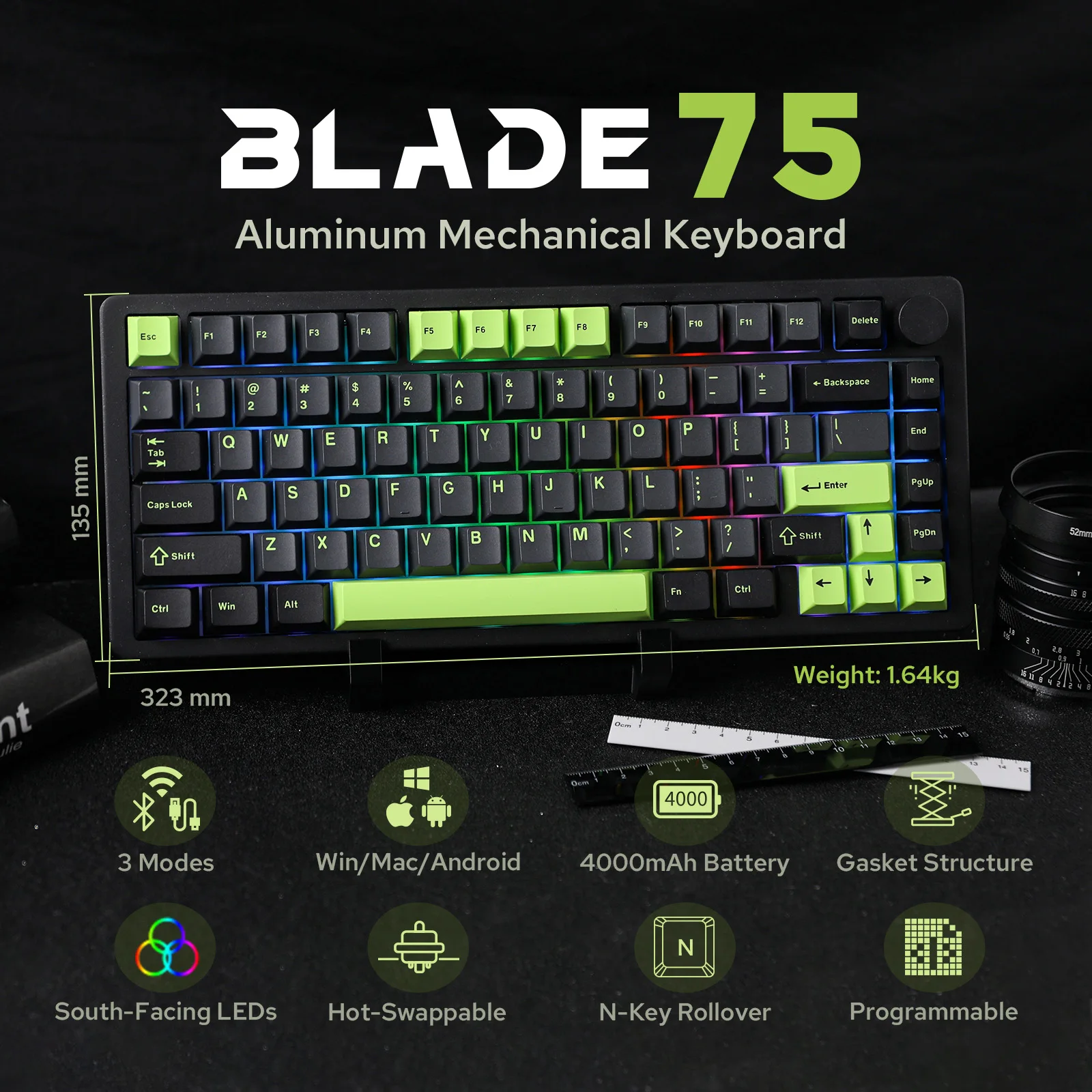 Meclands blade75 junta de troca quente sem fio bt5.0/2.4ghz/USB-C teclado mecânico de alumínio com fio para win/mac/jogos/escritório