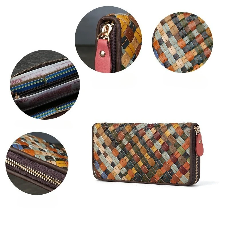 Lange damesportemonnee van echt leer, kleurrijk geweven, multi-positie ritszak, damesclutch met grote capaciteit
