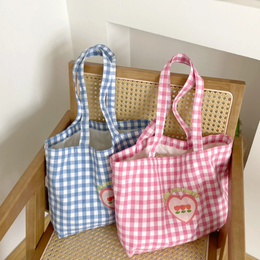 New Fashion Sweet Pink Blue Plaid Tulip Tote Bag Handbag with Phone Pouch Student Large Capacity School Bag Single Shoulder Bag