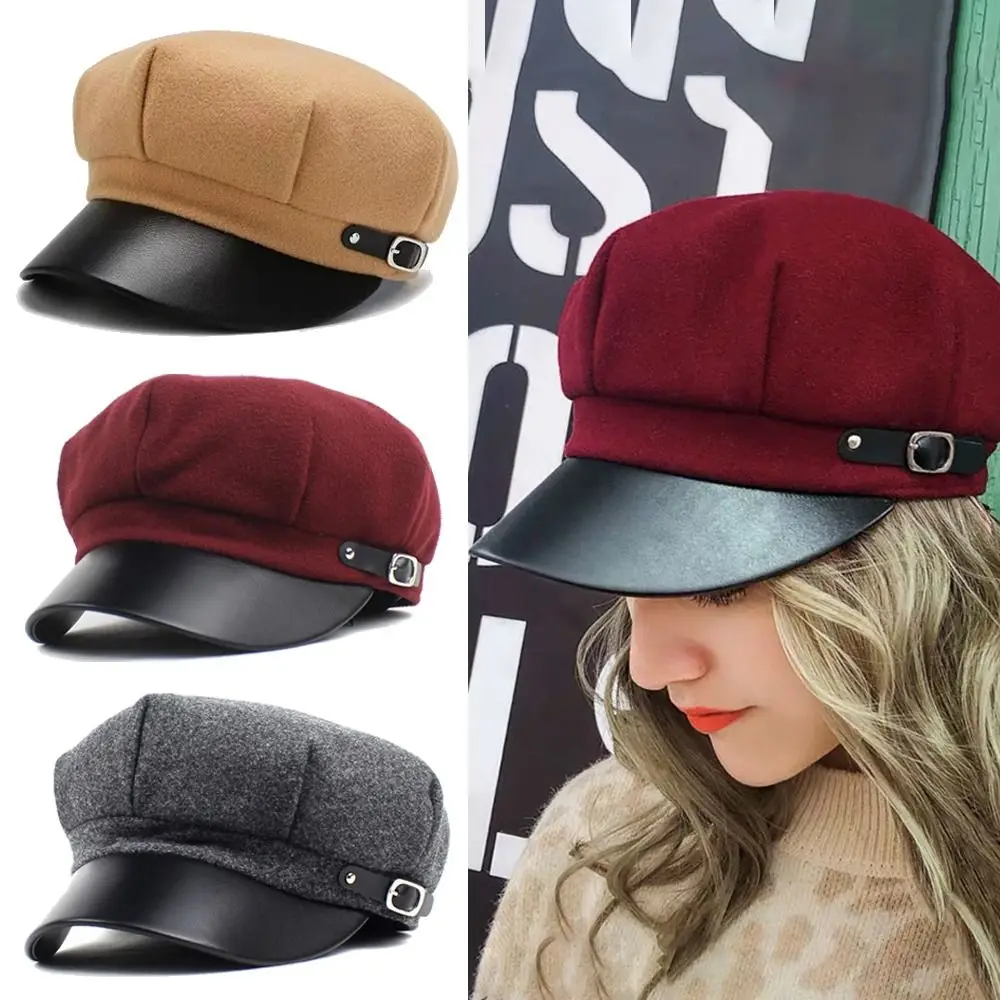 Fashion Octagonal Newsboy Caps Leather Brim Woolen Cloth Baker Peaked Beret British Retro Gatsby Cap Spring Autumn Winter