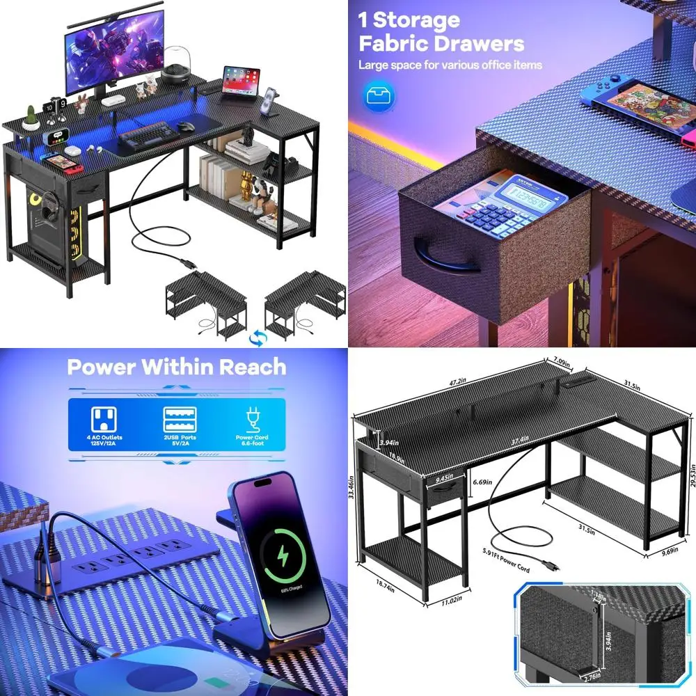 Escritorio para juegos en forma de L con iluminación LED y toma de corriente, escritorio Reversible de 47 pulgadas con soporte para CPU, soporte para Monitor, cajón, hogar
