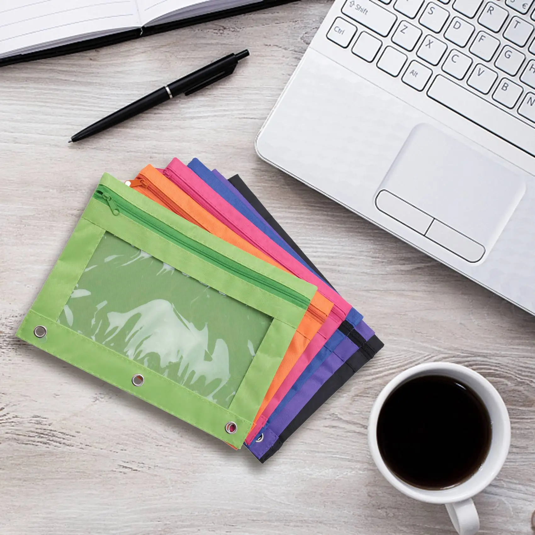 Bolsa com zíper com janela clara, saco de lápis com furos, 3 anéis, 6 cores, 6 pcs