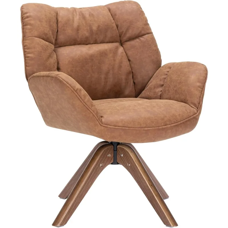 

x Leather Accent Chair, Modern Cozy Vanity Chair with Wood Legs, Upholstered Single PU Leather Boucle Armchair for Living Roo