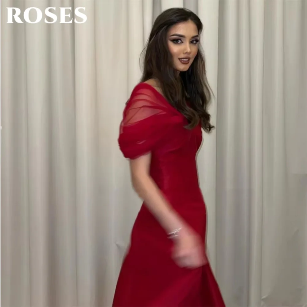 ROSES Burgundy Elegant Prom Dress V-Neck Short Sleeve Ball Gown A-Line Satin Formal Dresses vestido de fiesta de boda Customized image 3