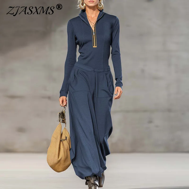 

Ретро однотонный топ на молнии с капюшоном, пуловер + брюки с высокой талией, женский сексуальный комбинезон с воротником-стойкой, шикарный осенний комплект с длинными рукавами