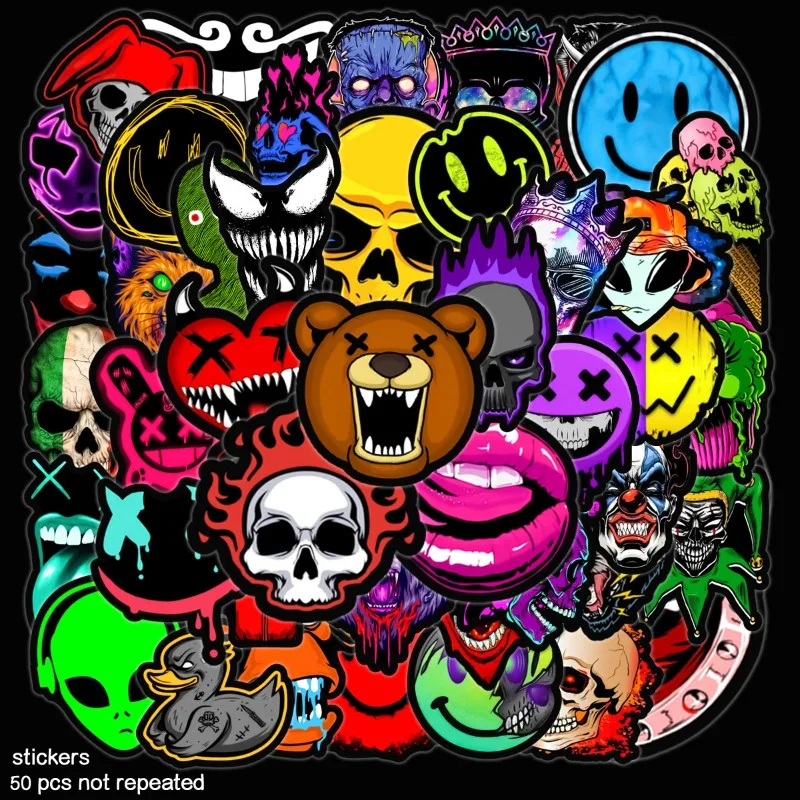 

50 шт. мультяшных крутых стикеров с черепами в стиле хоррор для ноутбуков, телефонов, гитар, скейтбордов, автомобилей, мотоциклов, шлемов, игрушек