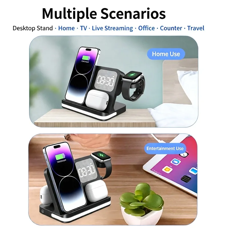 Multi-functional 4-in-1 Wireless Charging Station with Alarm LED Night Light Compatible with Mobile Phones, Headphones, Watches