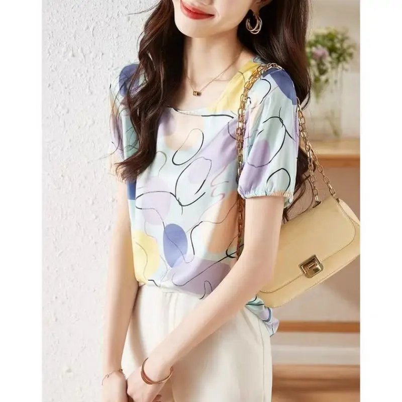 Elegant O-Neck Printed All-match Folds Chiffon Blouse Women's Clothing 2023 Spring New Casual Pullovers Loose Office Lady Shirt