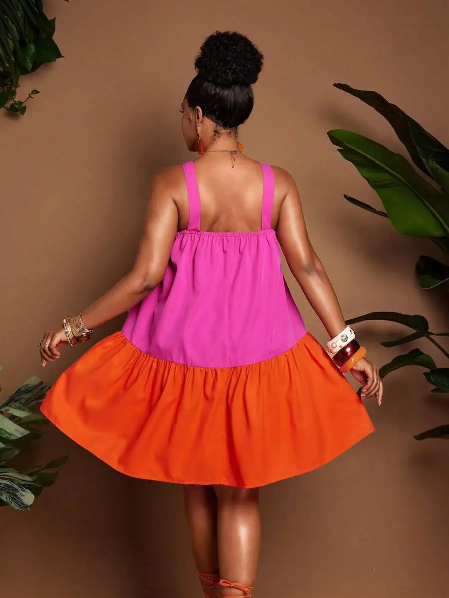 

Plus Size Loose Contrast Color Splice Vacation Slip Dress Summer