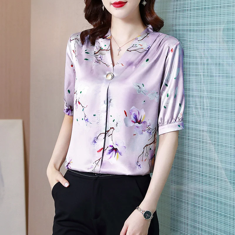 Summer Satin Women Shirt Print V-neck Vintage Blouse Women Fashion Silk Womens Tops and Blouses Casual Woman Elegant Top Shirts