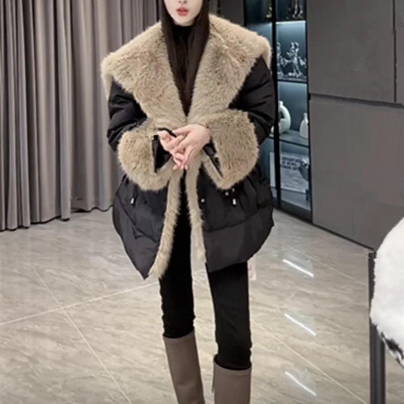 

Winter Loose Faux Fox Fur Hooded Down Jacket White Duck Feather Coat women