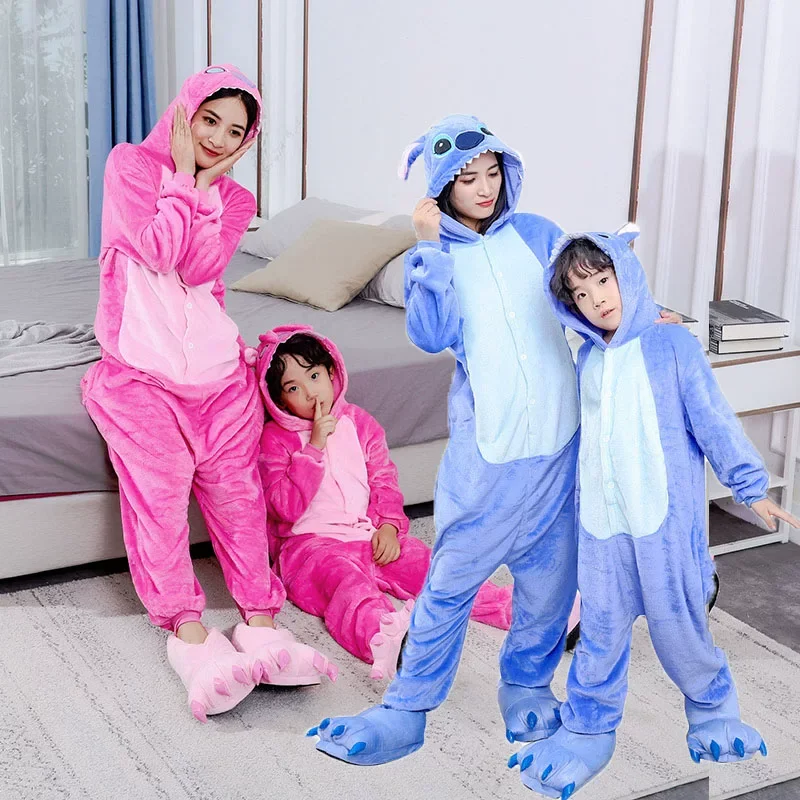 New Disney Lilo & Stitch One-Piece Pajamas Adult Children Cartoon Plush Kigurumi Onesies Winter Warm Clothes Cute Xmas Gift