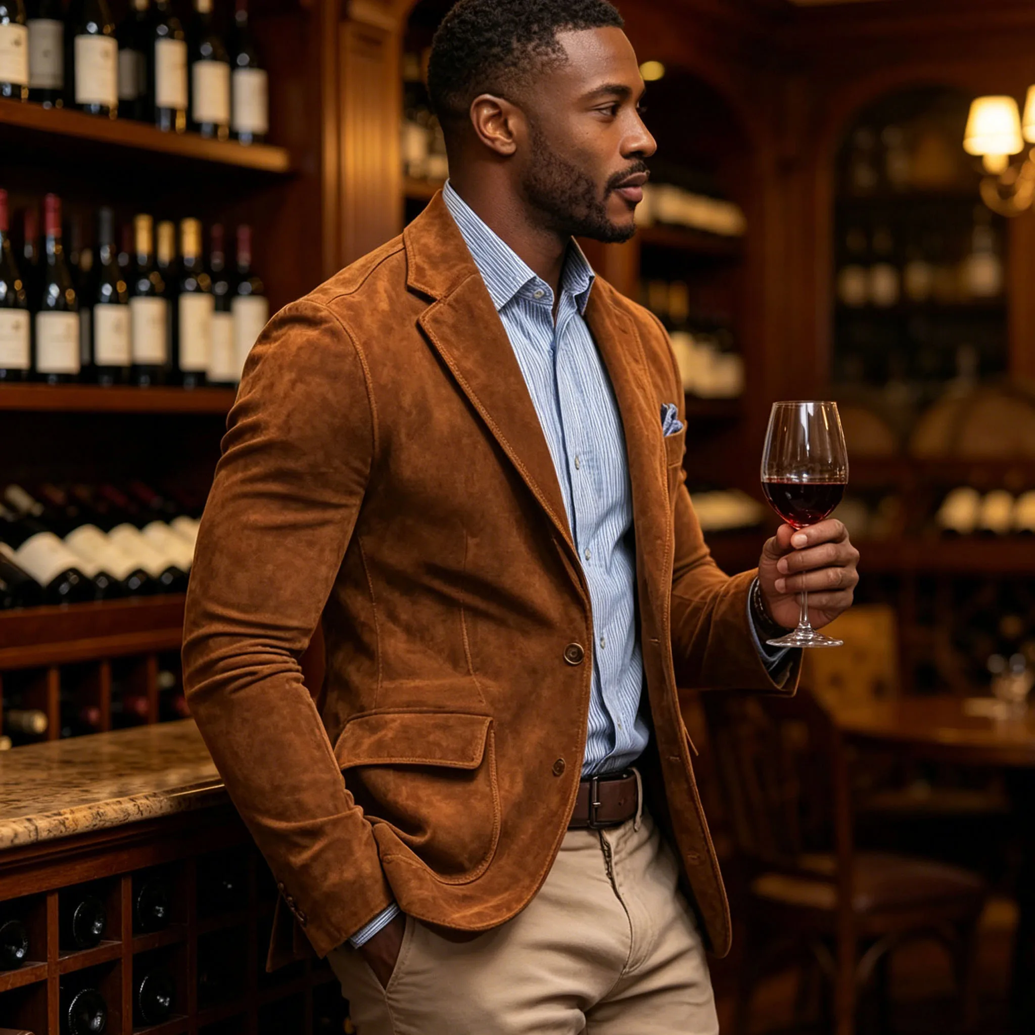 Men's Suede Brown Blazer Vintage Slim Fit Notched Lapel Formal Jacket High Quality Flap Pocket Sport Coat For Business Casual 3