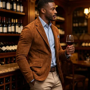 Men's Suede Brown Blazer Vintage Slim Fit Notched Lapel Formal Jacket High Quality Flap Pocket Sport Coat For Business Casual 3