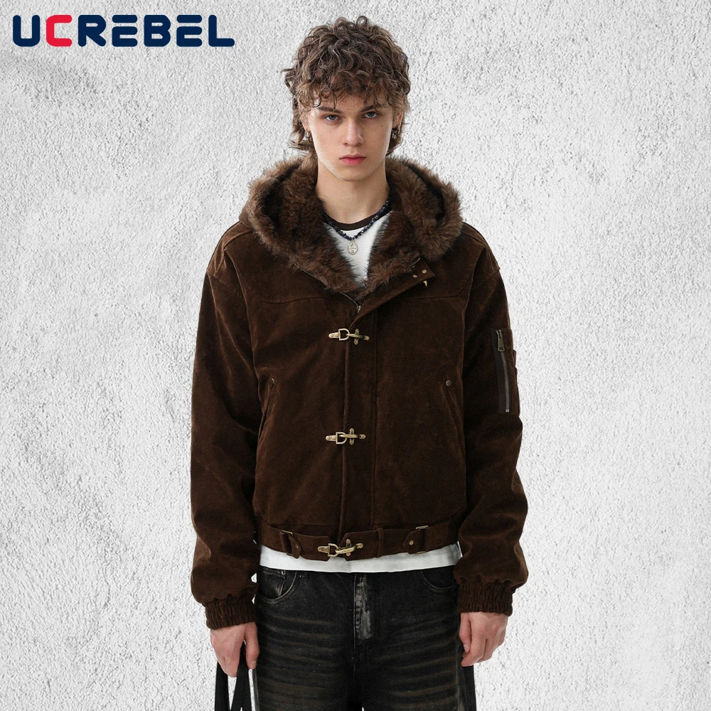 Airplane Buckle Hooded Padded Jacket Mens Winter Thick Suede Long Sleeve Quilted Jacket Man Outerwear