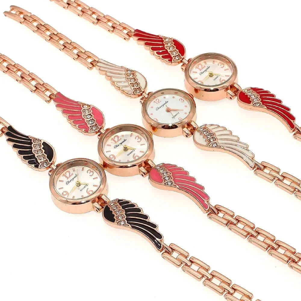 ساعة رسمية ملونة بسوار جناح الملاك وحجر الراين الكريستالي للنساء والفتيات ساعة يد كوارتز