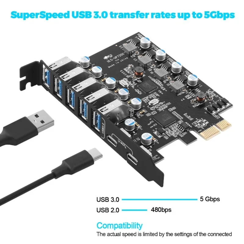 

PCIe USB 3.0 Card Expansion USB-A 5X USB-C 2X PCI Express USB Add in Card Internal USB3 Hub Converter for Desktop PC Host Card