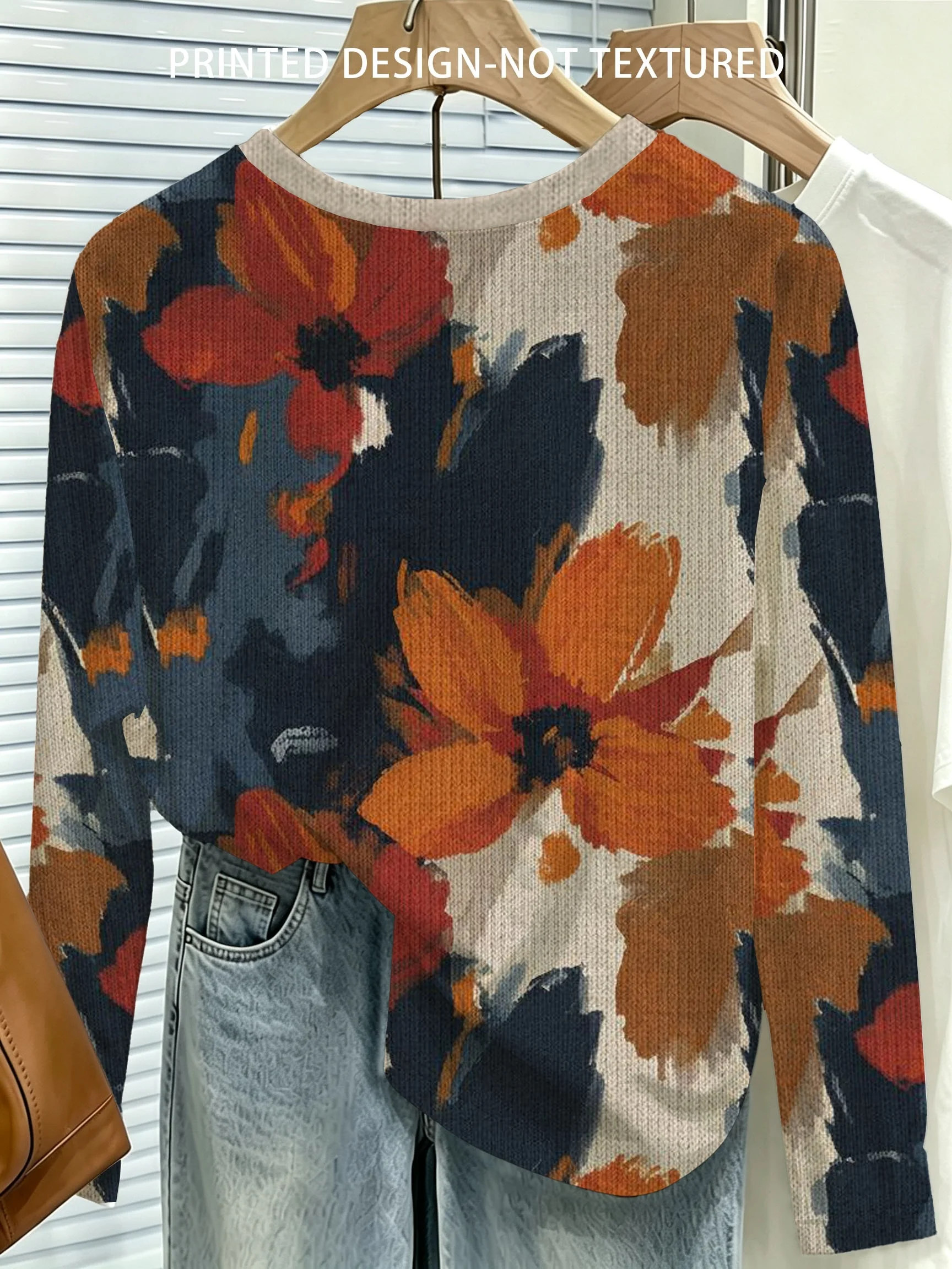 Women Long Sleeve T Shirt Oil Painting Floral Print Soft Breathable Casual Daily Outdoor Autumn Winter Fashion Women's Clothing