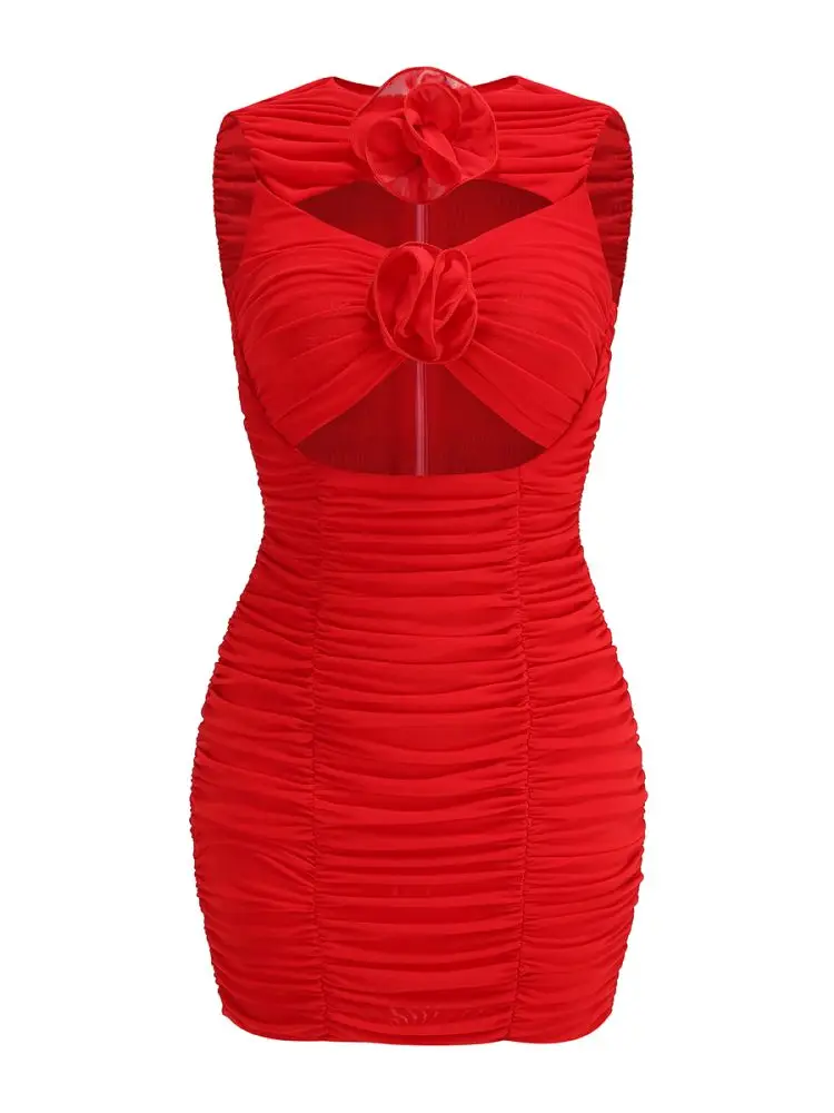 Mini robe en maille évidée pour femmes, robe florale sexy pour documents rouges, tambour, boîte de nuit, fête d'anniversaire, mode