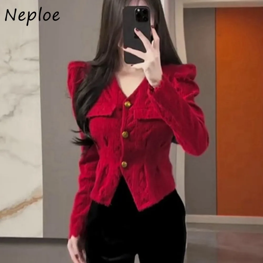 

Neploe Simple Slim Hollow Out Commuter Корейский шикарный кардиган во французском стиле с v-образным вырезом и пышными рукавами вязаный джемпер Y2K Western Undershirt