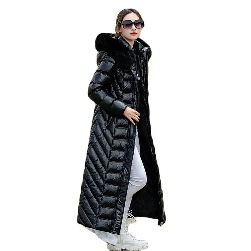 High-end Design Sense Niche White Eiderdown Down  Female 2023 New Long Pure White Big Fur Collar Hooded Warm Thick Coat.