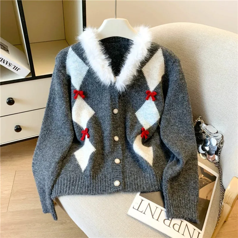 Autumn Women Fashion Faux Fur Collar Patchwork Plaid Knitted Sweater V-Neck Single-Breasted Long Sleeve Knitwear Cardigan Jacket